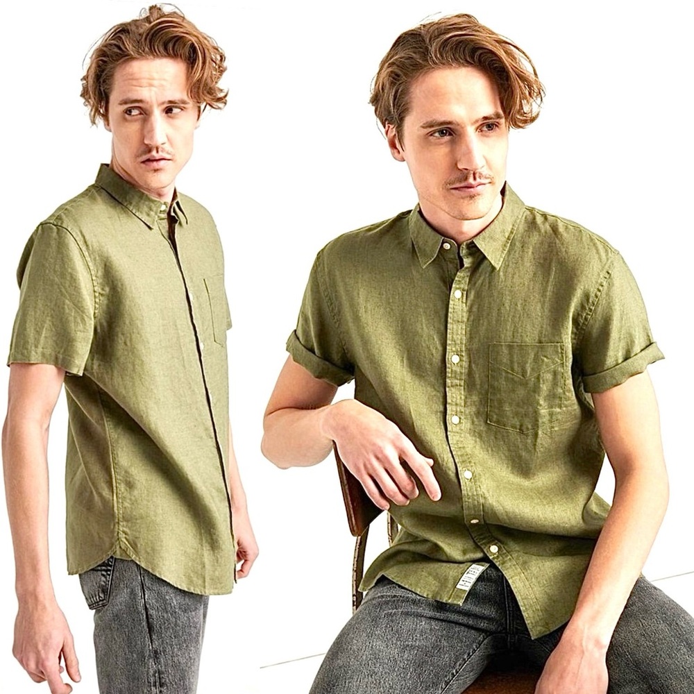 Lucky Brand 100% Linen Shirt Short Sleeve Button Down Up Olive Army Green Large